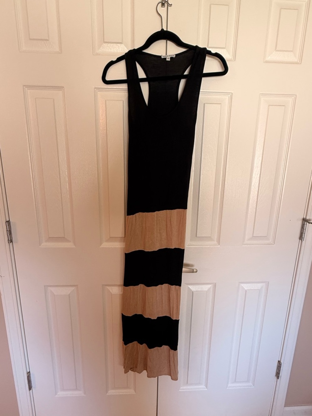 Velvet Torch Black and Tan Striped Racerback Maxi Dress